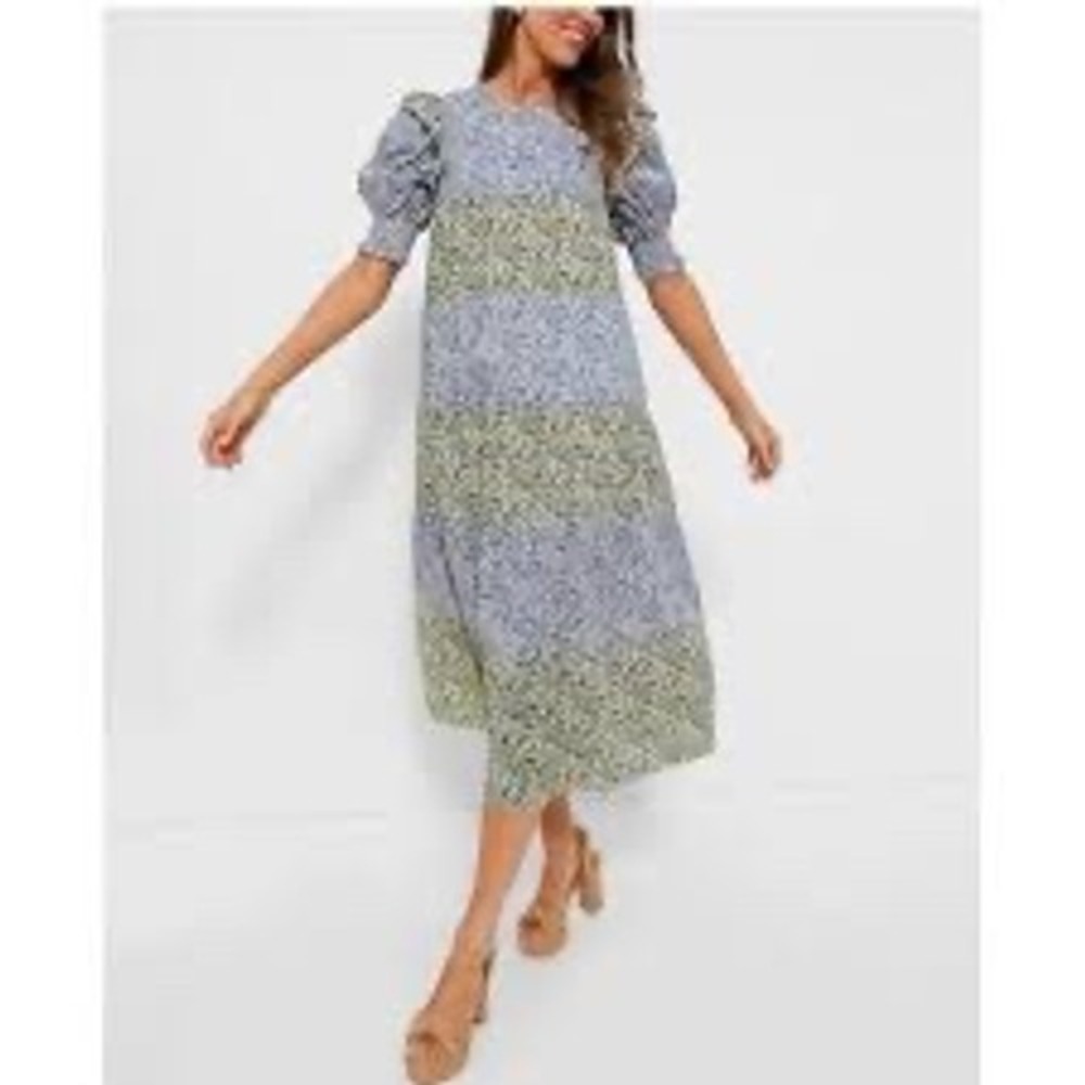 New! HYACINTH HOUSE Blue Green Ditsy Floral Cottagecore Prairie Midi Dress XXS
